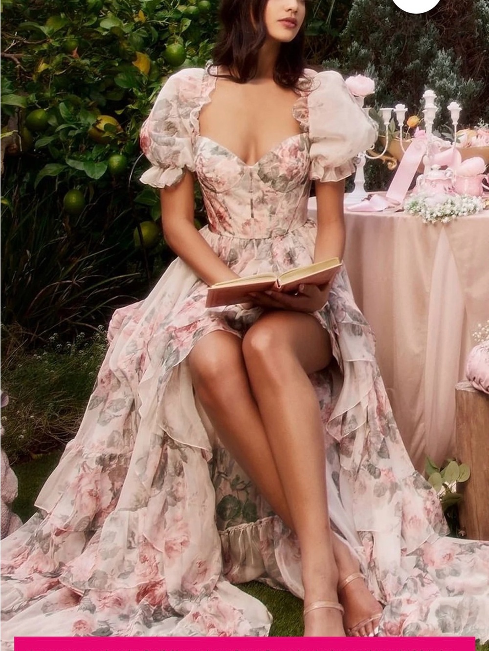 Romantic Pink Floral Puff-Sleeve High-Low Dress